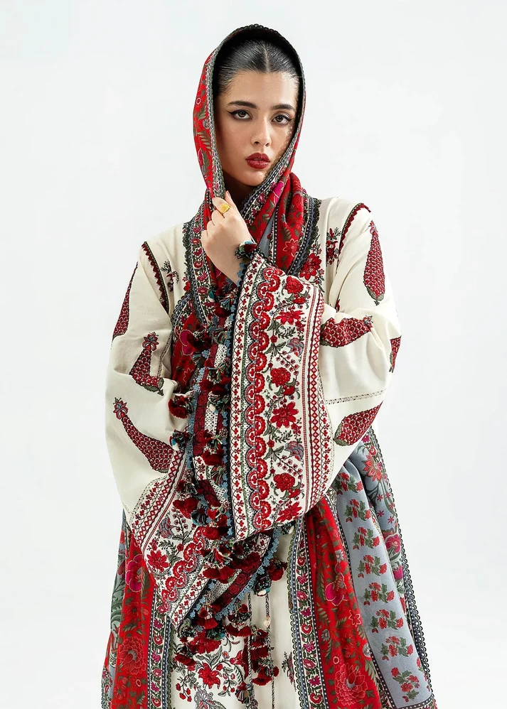 3 Piece Unstitched Fully Embroidered Dhanak Dress With Printed Blended Shawl - Image 3