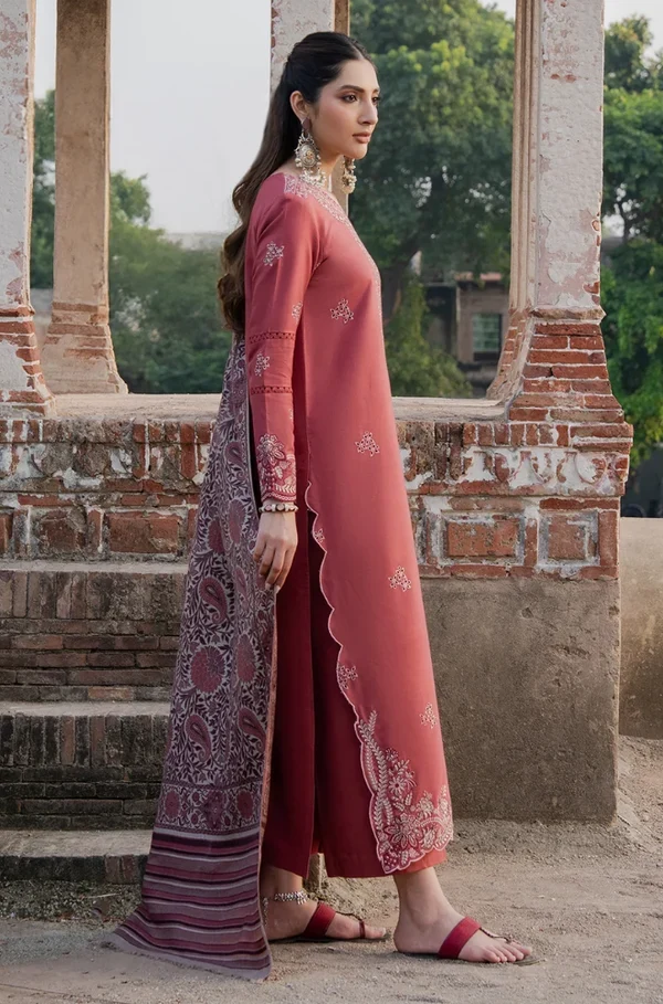 3 Piece Unstitched Fully Embroidered Dhanak Dress With Printed Blended Shawl - Image 2