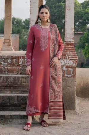 3 Piece Unstitched Fully Embroidered Dhanak Dress With Printed Blended Shawl