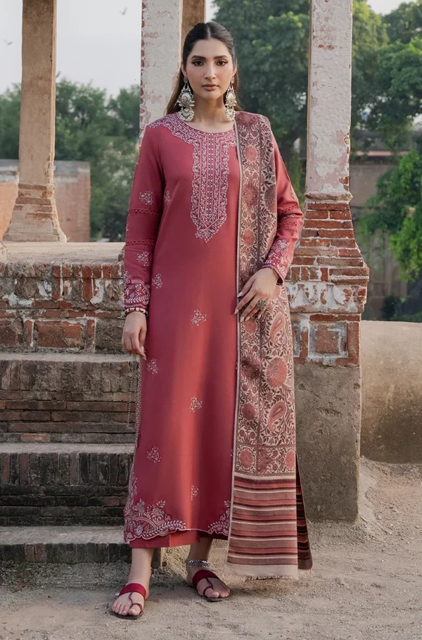3 Piece Unstitched Fully Embroidered Dhanak Dress With Printed Blended Shawl