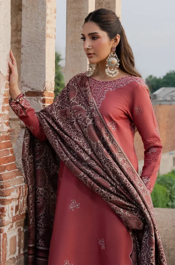 3 Piece Unstitched Fully Embroidered Dhanak Dress With Printed Blended Shawl - Image 3