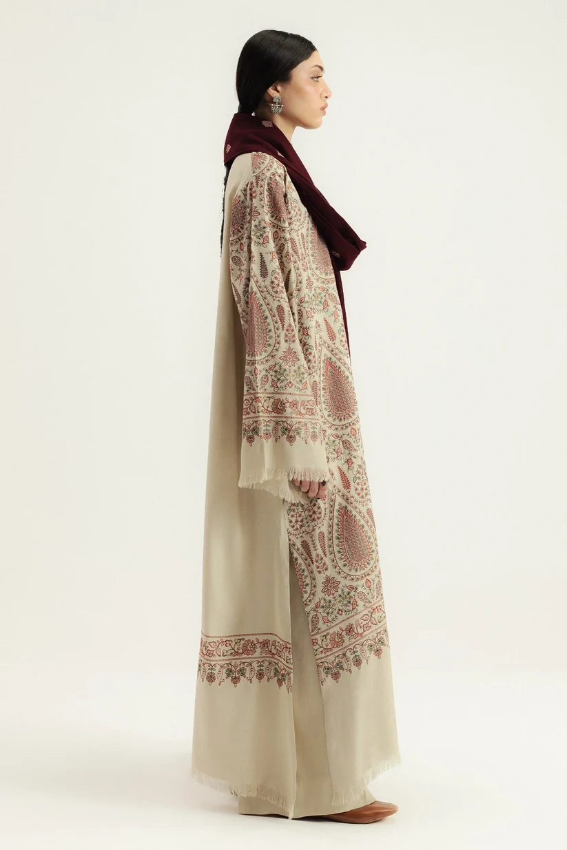 3 Piece Unstitched Fully Embroidered Dhanak Dress With Embroidered Dhanak Shawl - Image 3