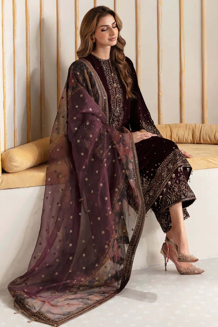 3 Piece Unstitched Heavy Embroidered Velvet Suit with Digital Printed Organza Dupatta - Image 2